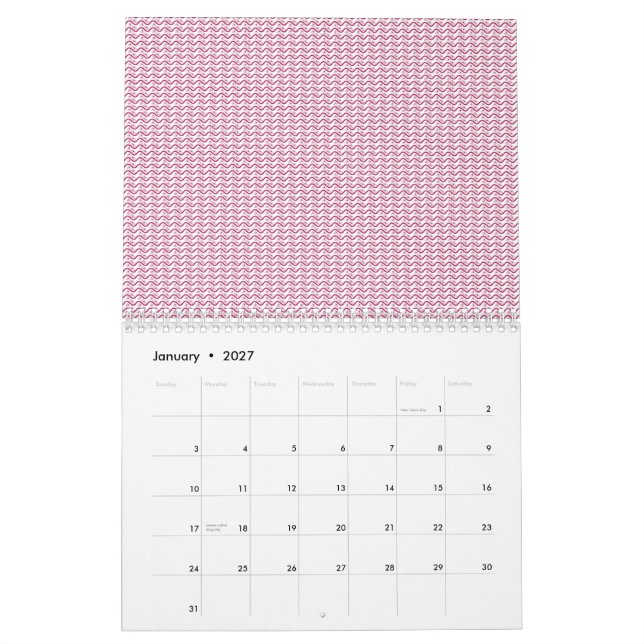 Repeating pattern of small, wavy, reddish-pink lin calendar (Jan 2027)