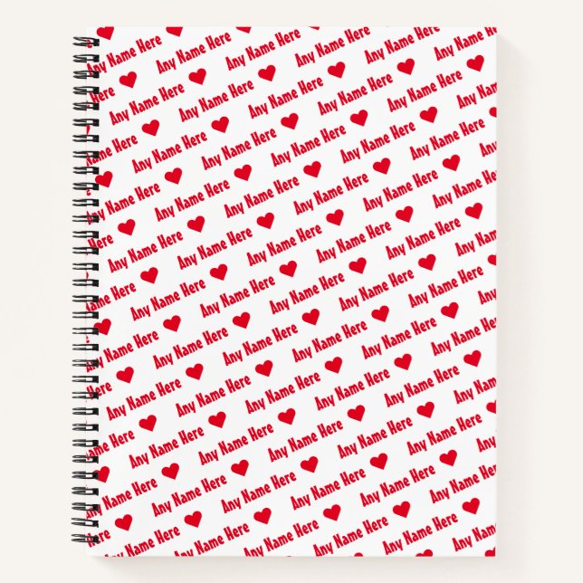 Repeating Red Name & Hearts Cute Girly Notebook (Front)