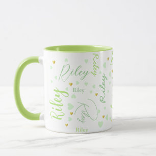 Repeating Riley (custom name) + green hearts  Mug