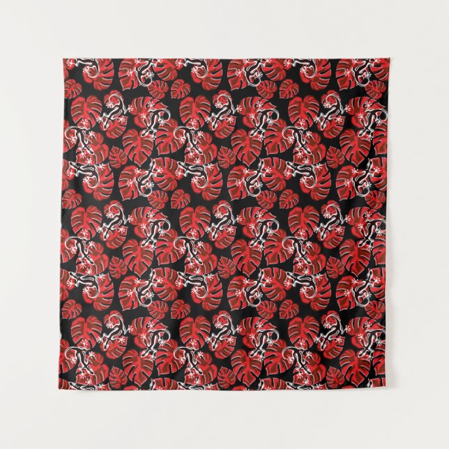 Repeating Salamander And Red Leaf Pattern Tapestry (Front)