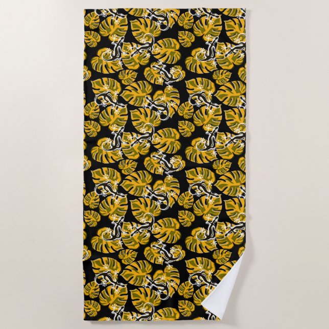 Repeating Salamander And Yellow Leaf Pattern Beach Towel (Front)