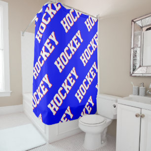 Repeating White Red HOCKEY Text On Bright Blue Shower Curtain