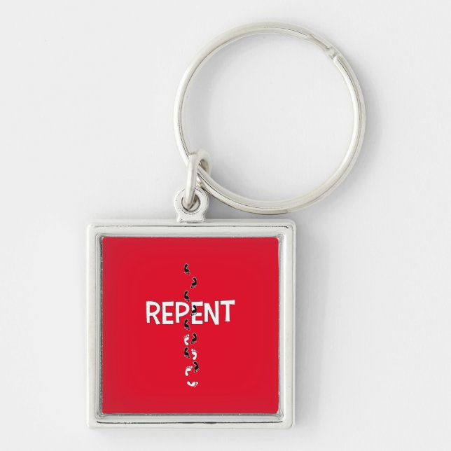 Repent Footprints Cross Key Ring (Front)