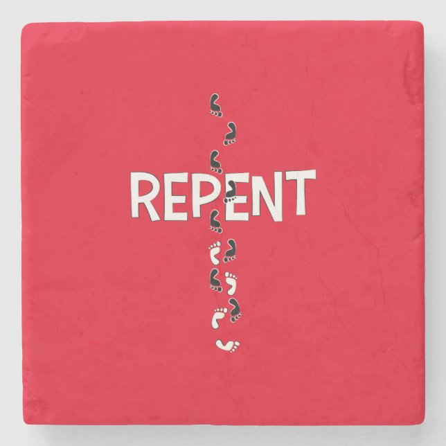 Repent Footprints Cross Stone Coaster (Front)