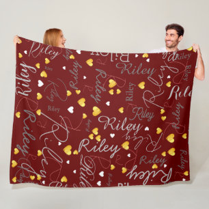 Replicated names initials and gold hearts dark red fleece blanket