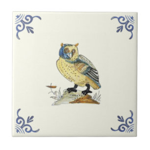Repro 1700s Antique Hand Painted Delft Owl Tile