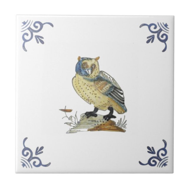 Repro 1700s Antique Painted Delft Owl Tile White  (Front)
