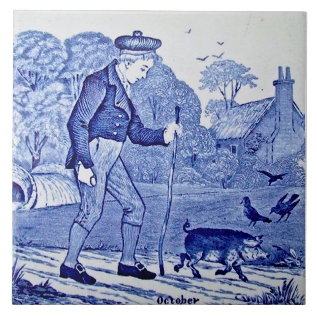 Repro 1879 Wedgwood Blue Calendar Series October Tile (Front)