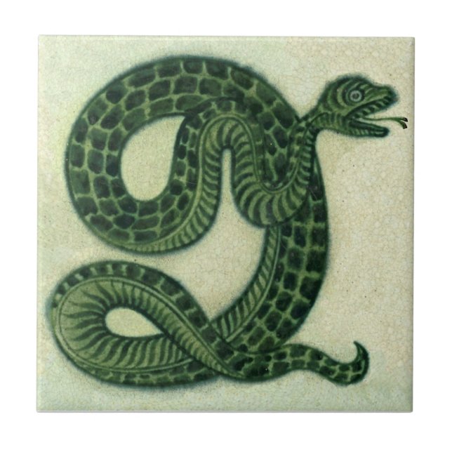 Repro 1880s De Morgan Handpainted Green Snake Tile (Front)