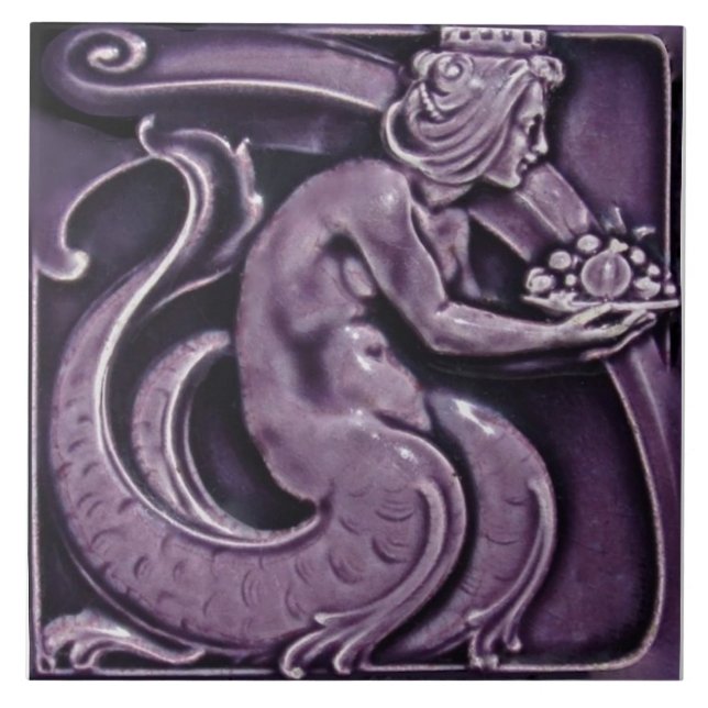 Repro 1900 Villeroy+Boch Purple Majolica Mermaid Tile (Front)
