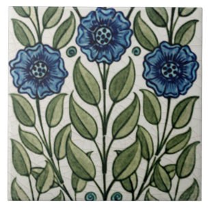 Repro Antique De Morgan Blue Green Floral Tile