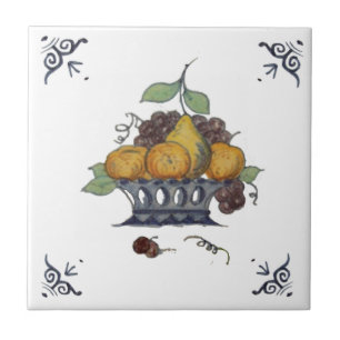 Repro Antique Delft Fruit Basket on White Tile