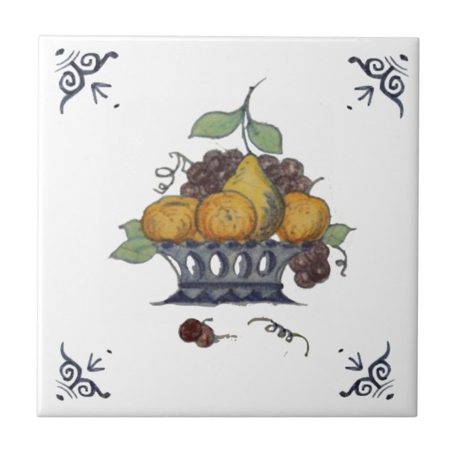 Repro Antique Delft Fruit Basket on White Tile (Front)