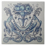 Repro Antique Minton Hollins Birds Fruit Blue Tile<br><div class="desc">Minton tiles were considered among the finest produced in the late nineteenth and early twentieth centuries. This tile features two plumed birds with beads and swags flanking a bowl of fruit. Exquisite detail and gorgeous shades of blue make this a true masterpiece.</div>