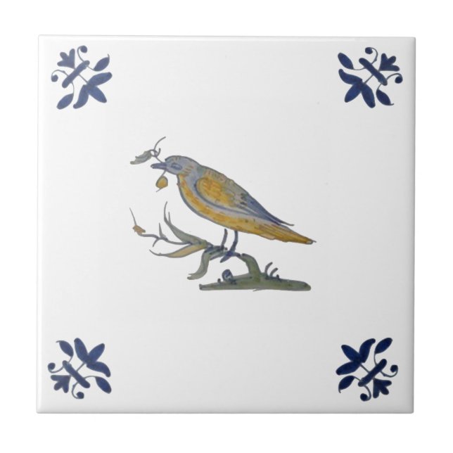 Repro Antique Painted Bird on Branch White Multi  Tile (Front)