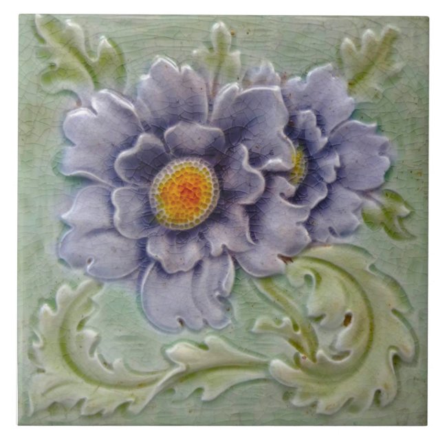 Repro Antique Purple Green Majolica Faux Relief Tile (Front)