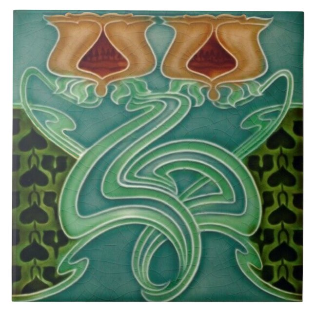 Repro Antique Richards Art Nouveau Floral Majolica Tile (Front)
