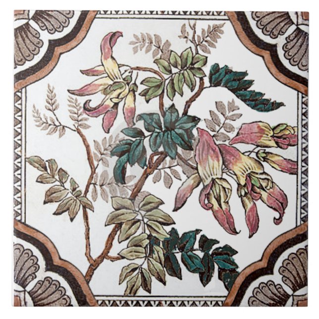 Repro antique Victorian floral transferware Tile (Front)