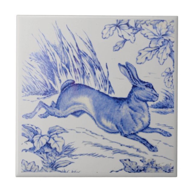 Repro Antique Wedgwood 1876 Blue Hare Rabbit Tile (Front)
