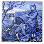 Repro Antique Wedgwood Blue Calendar Series March Tile<br><div class="desc">From a circa 1885 series of tiles representing the months of the year by Josiah Wedgwood & Sons. This is the March tile in blue and white and shows a wind-blown boy and girl. The boy appears to be reaching for his hat that was blown off by the wind. A...</div>