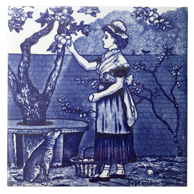 Repro Antique Wedgwood Blue September Figural Tile (Front)