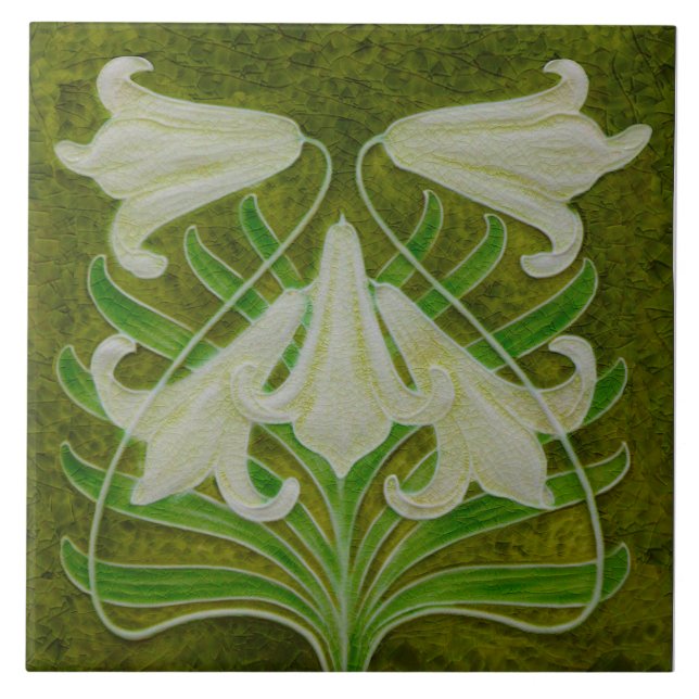 Repro Art Nouveau Easter Lily on Mottled Green Tile (Front)