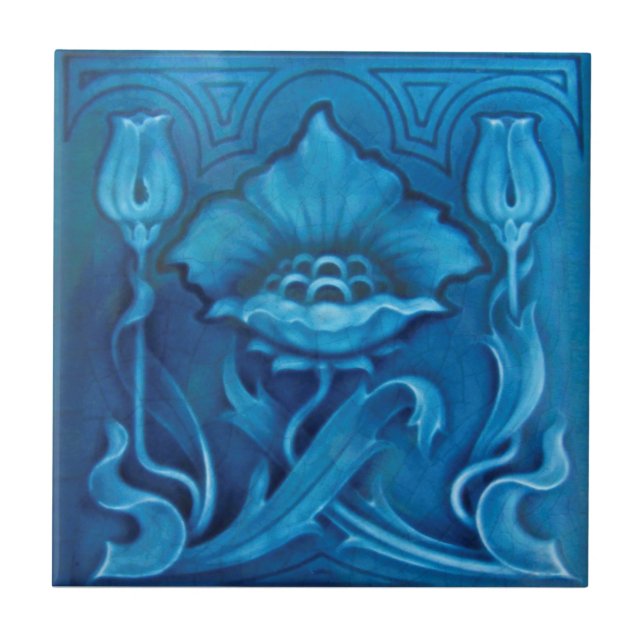 Repro Art Noveau Cerulean Blue Floral Majolica Tile (Front)