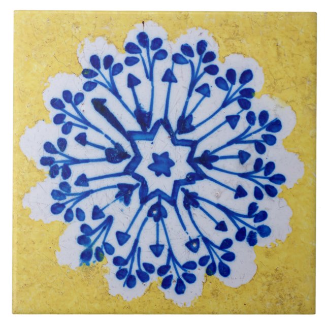 Repro Azulejos Portuguese Floral Yellow Blue White Tile (Front)