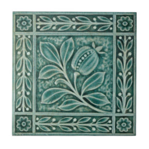 Repro c1900 Teal Majolica Faux Relief Pomegranate Tile