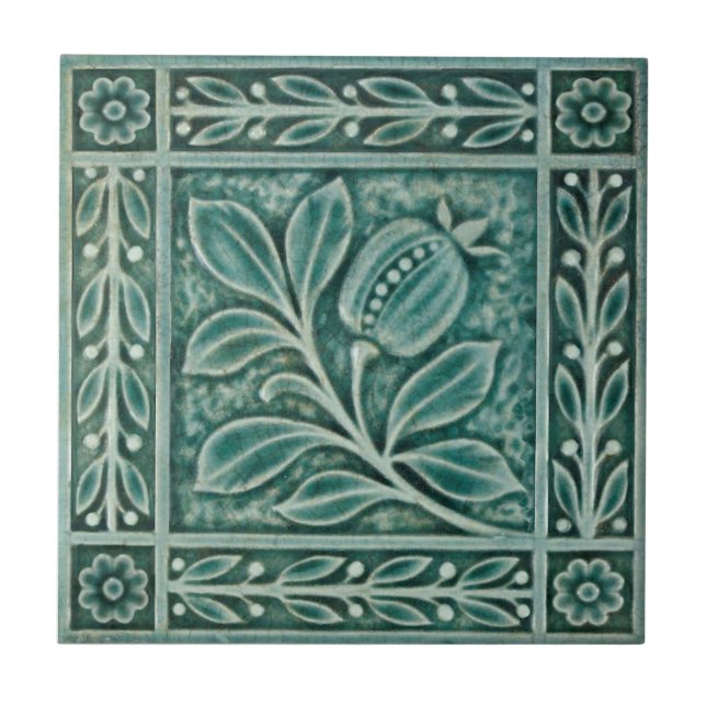 Repro c1900 Teal Majolica Faux Relief Pomegranate Tile (Front)
