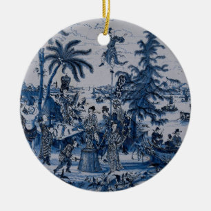 Repro Chinoiserie  Delft Blue and White Tile  Ceramic Tree Decoration