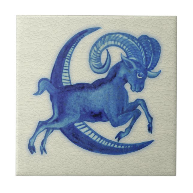 Repro De Morgan Blue Goat Jumping over Moon Tile (Front)