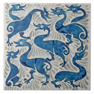Repro De Morgan Ducks in Blue & Silver on White Tile