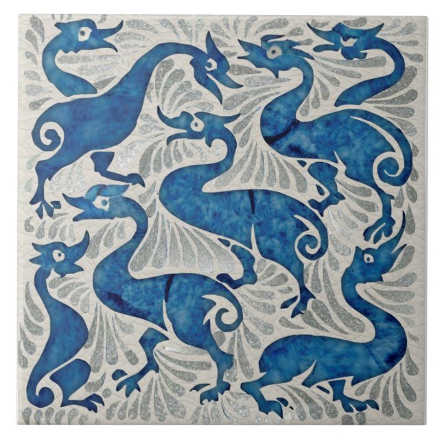 Repro De Morgan Ducks in Blue & Silver on White Tile (Front)
