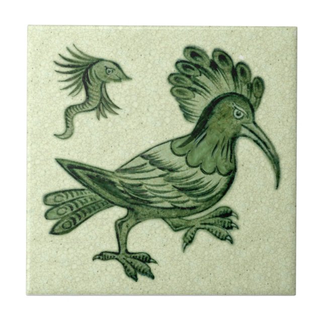 Repro De Morgan Green Hoopoe Bird Ceramic Tile (Front)
