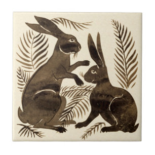 Repro De Morgan Pair of Chocolate Rabbits Tile