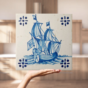 Repro Deftware Sail boat Blue Delft Tile