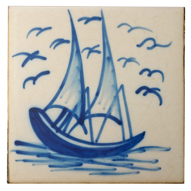Repro Deftware Ship Sail Boat Blue Delft  Tile (Front)