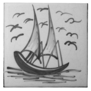 Repro Deftware Ship Sail Boat Blue Delft  Tile