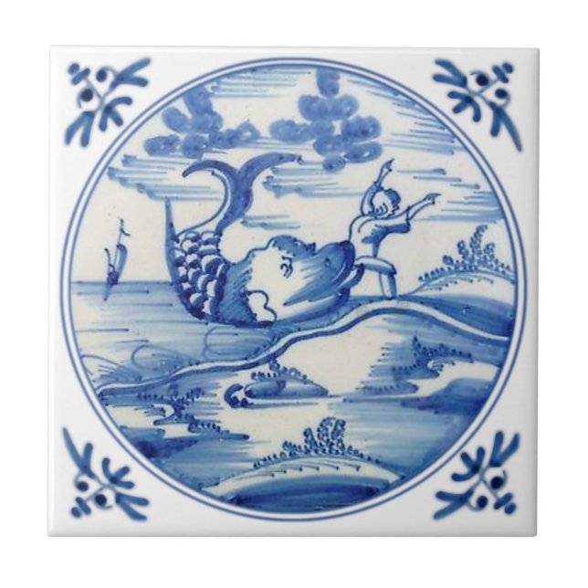 Repro Delft Biblical Jonah and the Whale 1700s Tile (Front)