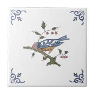 Repro Delft Bird on Branch w/Berries on White Tile