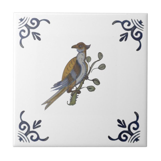 Repro Delft Bird on Branch w/Berries on White Tile (Front)
