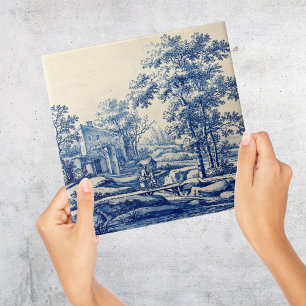 Repro Delft Blue and White Tile River Scene