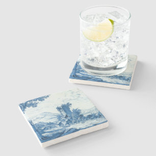 Repro Delft Blue and White Tile River Scene Stone Coaster