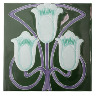 Repro Edwardian Art Nouveau Green Tulip Floral Tile