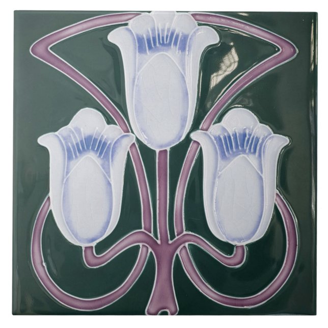 Repro Edwardian Art Nouveau Teal Tulip Floral  Tile (Front)