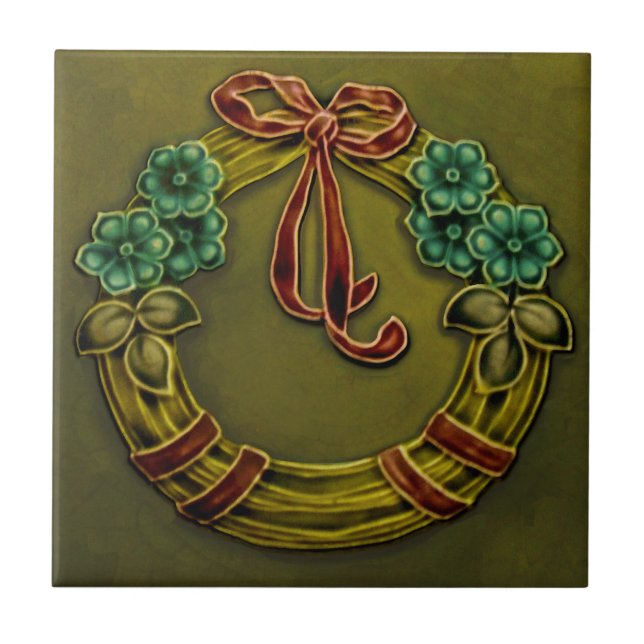 Repro Faux Relief Floral on Straw Wreath Majolica Tile (Front)