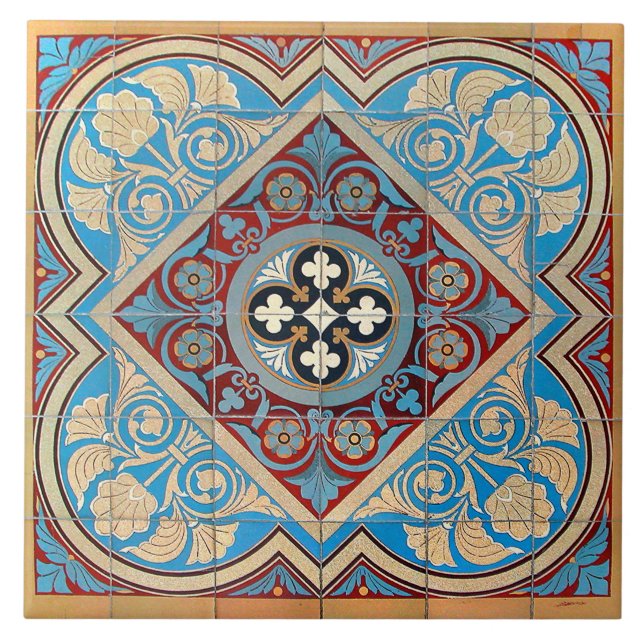 Repro German Geometric Art Nouveau Jugendstil blue Tile (Front)