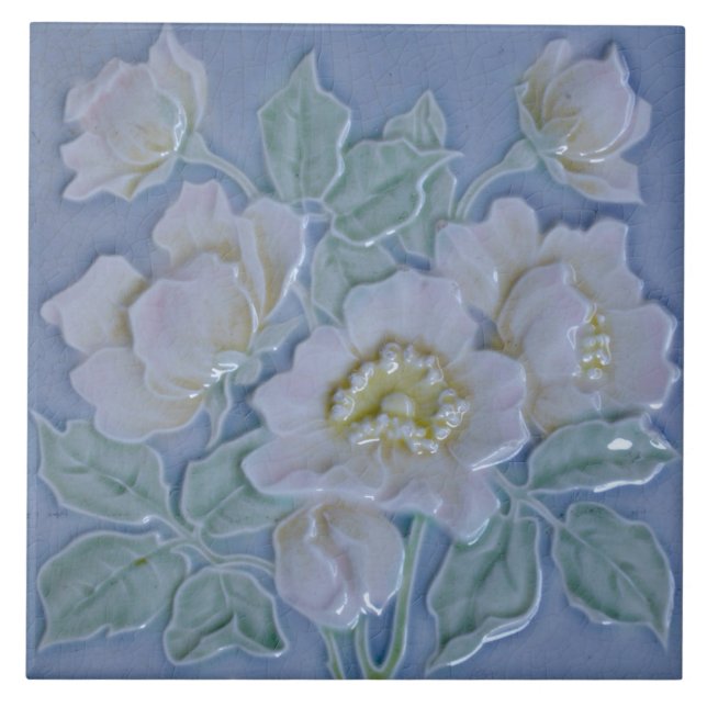 Repro German Majolica Blue White Floral Art Tile (Front)