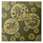 Repro Green Aesthetic Anglo Japonesque Tile<br><div class="desc">A beauty with a "cracked ice" background scattered with chrysanthemums and featuring a creature representing air,  earth and water.</div>